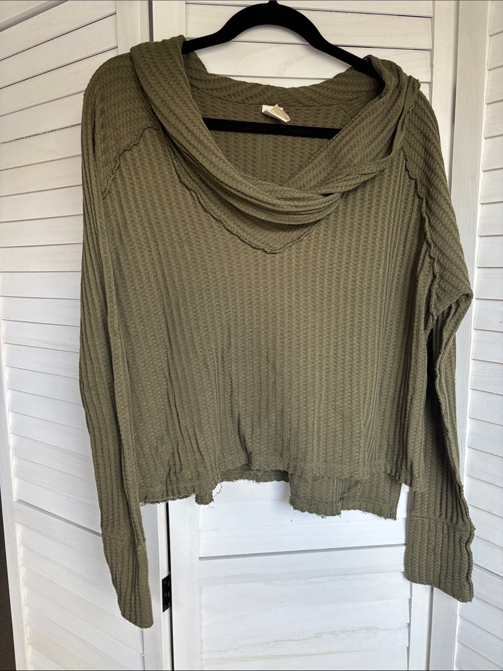 We The Free Olive Waffle Knit Cowl Neck Sweater